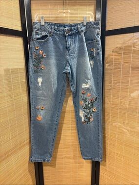 Embroidered Blue Boyfriend Jeans with Orange Floral Accents